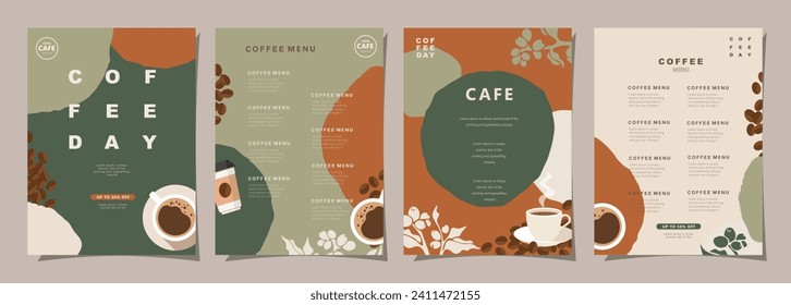 Juego de banners de boceto con granos de café y hojas sobre fondo mínimo para invitaciones, tarjetas, pancarta, afiche, portada, menú de café u otro diseño de plantilla. ilustración vectorial.