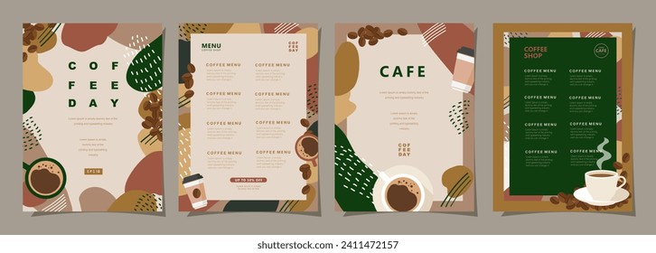 Juego de banners de boceto con granos de café y hojas sobre fondo mínimo para invitaciones, tarjetas, pancarta, afiche, portada, menú de café u otro diseño de plantilla. ilustración vectorial.