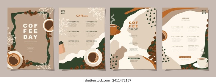 Juego de banners de boceto con granos de café y hojas sobre fondo mínimo para invitaciones, tarjetas, pancarta, afiche, portada, menú de café u otro diseño de plantilla. ilustración vectorial.