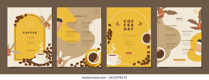 Juego de banners de boceto con granos de café y hojas sobre fondo mínimo para invitaciones, tarjetas, pancarta, afiche, portada, menú de café u otro diseño de plantilla. ilustración vectorial.