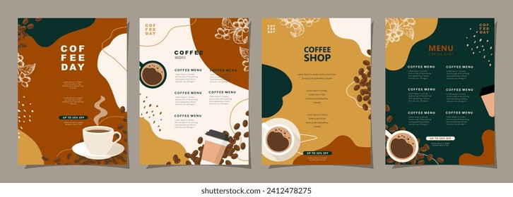 Juego de banners de boceto con granos de café y hojas sobre fondo mínimo para invitaciones, tarjetas, pancarta, afiche, portada, menú de café u otro diseño de plantilla. ilustración vectorial.