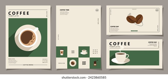 Juego de banners de boceto con granos de café y hojas sobre fondo mínimo para invitaciones, tarjetas, pancarta, afiche, portada, menú de café u otro diseño de plantilla. ilustración vectorial.