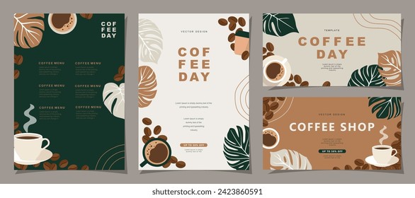 Juego de banners de boceto con granos de café y hojas sobre fondo mínimo para invitaciones, tarjetas, pancarta, afiche, portada, menú de café u otro diseño de plantilla. ilustración vectorial.