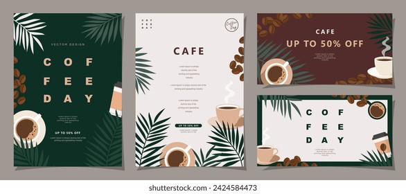 Satz von Skizzenbannern mit Kaffeebohnen und Blättern auf minimalem Hintergrund für Einladungen, Karten, Banner, Poster, Cover, Cafe-Menü oder ein anderes Template-Design.