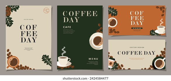 Set of sketch banners with coffee beans and leaves on minimal background for invitations, cards, banner, poster, cover, cafe menu or another template design. vector illustration.