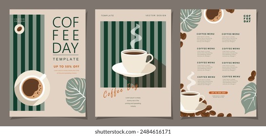 Conjunto de Anuncios de bocetos con granos de café y hojas sobre fondo mínimo para invitaciones, tarjetas, Anuncio, póster, portada, menú de cafetería u otro diseño de Plantilla. Ilustración vectorial.