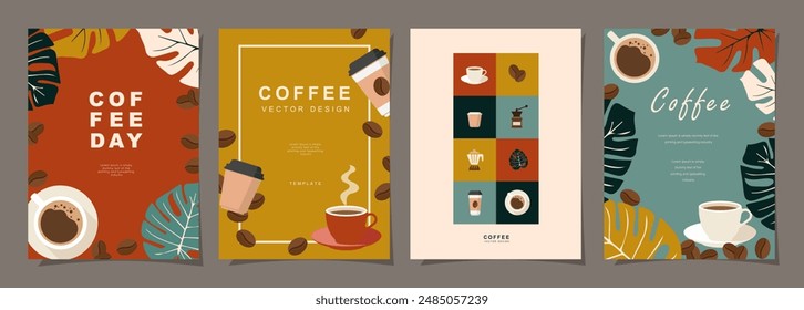 Set von Skizzen-Bannern mit Kaffeebohnen und Blättern auf minimalem Hintergrund für Einladungen, Karten, Banner, Poster, Cover, Café-Menü oder eine andere Vorlage-Design. Vektorillustration.