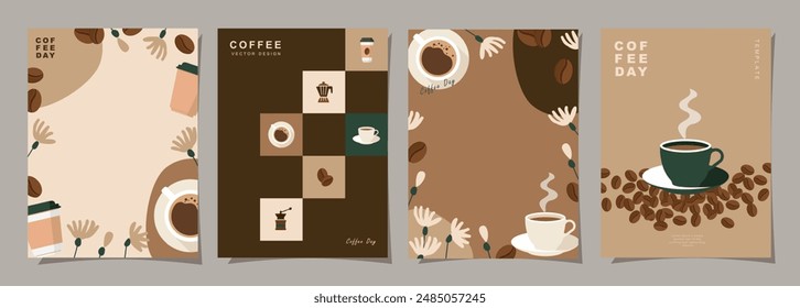 Set of sketch banners with coffee beans and leaves on minimal background for invitations, cards, banner, poster, cover, cafe menu or another template design. vector illustration.