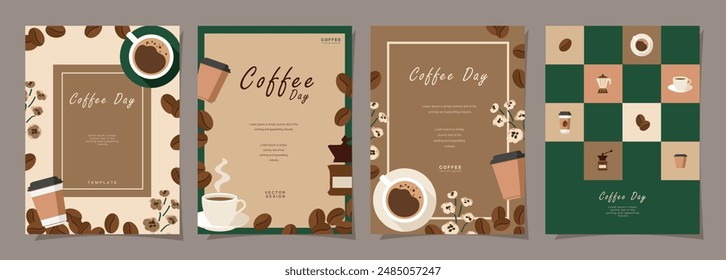 Conjunto de Anuncios de bocetos con granos de café y hojas sobre fondo mínimo para invitaciones, tarjetas, Anuncio, póster, portada, menú de cafetería u otro diseño de Plantilla. Ilustración vectorial.