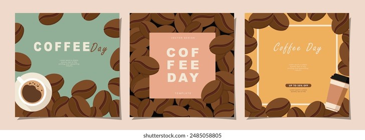 Set of sketch banners with coffee beans on color background for invitations, cards, banner, poster, cover, cafe menu or another template design. vector illustration.