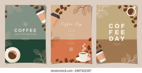 Set of sketch banners with coffee beans and leaves on minimal background for invitations, cards, banner, poster, cover, cafe menu or another template design. vector illustration.