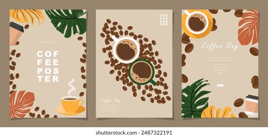 Conjunto de Anuncios de bocetos con granos de café y hojas sobre fondo mínimo para invitaciones, tarjetas, Anuncio, póster, portada, menú de cafetería u otro diseño de Plantilla. Ilustración vectorial.