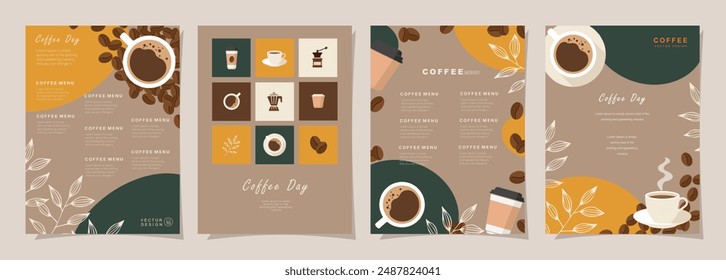 Conjunto de Anuncios de bocetos con granos de café y hojas sobre fondo mínimo para invitaciones, tarjetas, Anuncio, póster, portada, menú de cafetería u otro diseño de Plantilla. Ilustración vectorial.