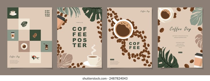 Set of sketch banners with coffee beans and leaves on minimal background for invitations, cards, banner, poster, cover, cafe menu or another template design. vector illustration.