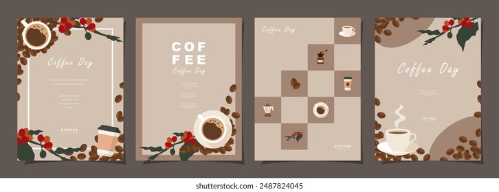 Set of sketch banners with coffee beans and leaves on minimal background for invitations, cards, banner, poster, cover, cafe menu or another template design. vector illustration.
