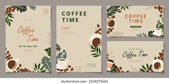  Satz von Skizzenbannern mit Kaffeebohnen und Blättern auf minimalem Hintergrund für Einladungen, Karten, Banner, Poster, Cover, Café-Menü oder ein anderes Template-Design. Vektorgrafik.