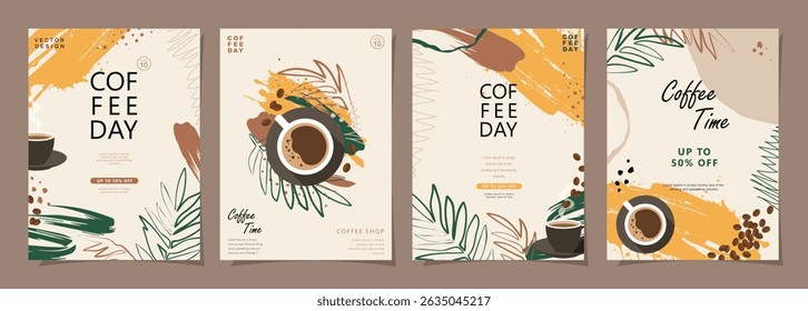 Set of sketch banners with coffee beans and palm leaves on simple background for promotions, cards, banners, posters, covers, coffee shop menu or another template design. Vector illustration.