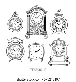 Set of sketch beautiful vintage clock. hand-drawn illustration