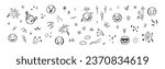Set of sketch birthday celebration elements. Cute line doodle emoji, fireworks, sparks, rainbow, stars, confetti. Squiggle drawings. Vector illustration