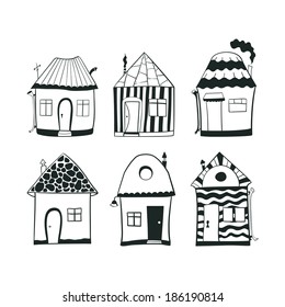 Set sketch black and white outline doodle houses in cartoon style