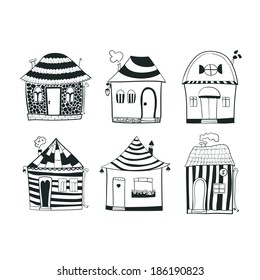 Set sketch black and white outline doodle houses in cartoon style