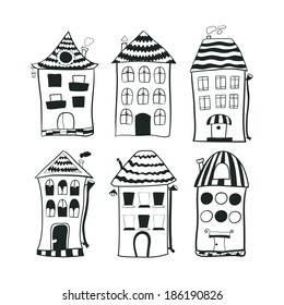 Set sketch black and white outline doodle houses in cartoon style