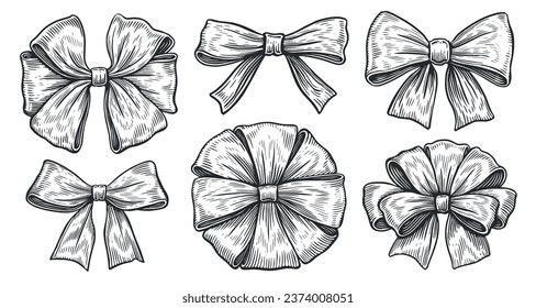 Set of sketch bows vector. Collection of decorative holiday ribbons for birthday, wedding or Christmas celebration