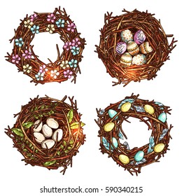 Set Of Sketch Branches Wreaths And Bird Nests. Hand Drawn Color Happy Easter Nature Decorations