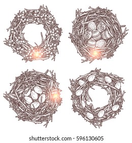 Set Of Sketch Branches Wreaths And Bird Nests. Hand Drawn Monochrome Happy Easter Nature Decorations