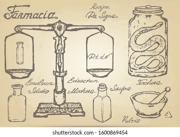 set sketch by hand (scales, bottles, mortar and pestle, jar with a snake). ink inscriptions in Latin: recipe, method of application, emulsion, solution, extract, medicine, syrup, tincture, powder