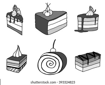 Set of sketch cake element. Vector illustration. Monochrome, black and white, gray color