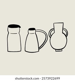 Set Sketch Ceramic Minimalist Pitcher Set. Whimsical Black Line Collection Different Pottery Clay Jug. Vector Hand Drawn Illustration