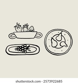 Set Sketch Ceramic Plate with Fruit and Berry. Whimsical Black Line Collection Different Pottery Clay Utensil. Vector Hand Drawn Style