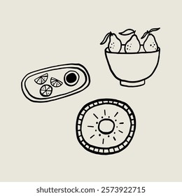 Set Sketch Ceramic Plate with Fruit. Whimsical Black Line Collection Different Pottery Clay Utensil. Vector Hand Drawn Style