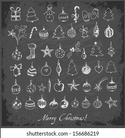 Set of sketch Christmas and New Year objects on blackboard. Vector illustration. 