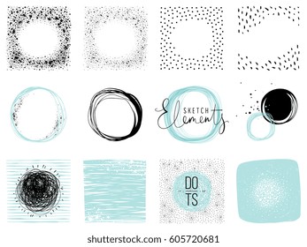 Set of sketch circles, frames and textures. Use for posters, prints, greeting and business cards, banners, icons, labels, badges and other graphic designs.