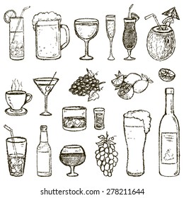Set of Sketch Cocktails and Alcohol Drinks vector illustration