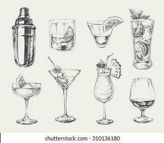 Set of Sketch Cocktails and Alcohol Drinks Vector Hand Drawn Illustration 