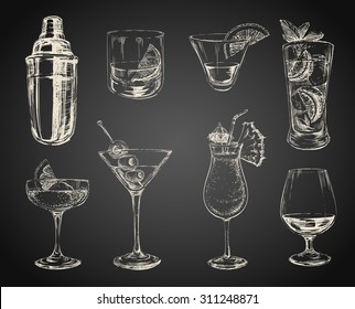 Set of sketch cocktails and alcohol drinks black background