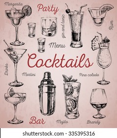 Set of sketch cocktails and alcohol drinks vector hand drawn illustration