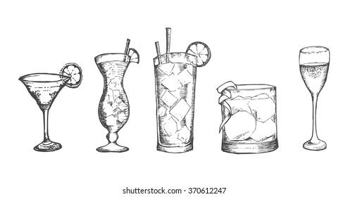 Set Of Sketch Cocktails And Alcohol Drinks Vector Hand Drawn Illustration