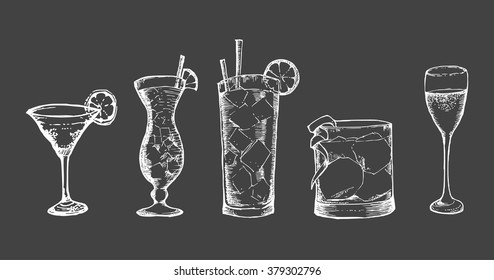 Set of sketch cocktails and alcohol drinks vector hand drawn illustration