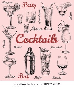 Set Of Sketch Cocktails And Alcohol Drinks Vector Hand Drawn Illustration