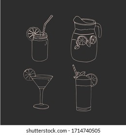 Set of sketch cocktails and tropical drinks vector hand drawn illustration. Doodle style