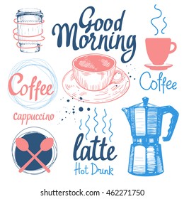 Set of sketch coffee funny labels on white background. Hot drinks menu. Vector Illustration with cup, maker and spoon. Decorative elements for your packing design. Multicolor decor.