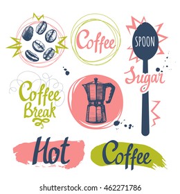 Set of sketch coffee funny labels  on white background. Hot drinks menu. Vector Illustration with cup, maker and spoon. Decorative elements for your packing design. Multicolor decor.