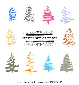 A set of sketch colored trees against white background