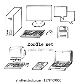 Set of sketch computers. Doodle pc, laptop,  floppy. Retro Computer icon in Hand-drawn style. Simple pancil Сartoon. Vector illustration. 