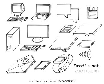 Set of sketch computers. Doodle pc, laptop, tablet, floppy, mail, chat box. Retro Computer icon in Hand-drawn style. Cartoon elements. Vector illustration.