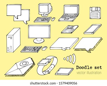 Set of sketch computers. Doodle pc, laptop, tablet, floppy, mail, chat box. Retro Computer icon in Hand-drawn style. cartoon Vector illustration.